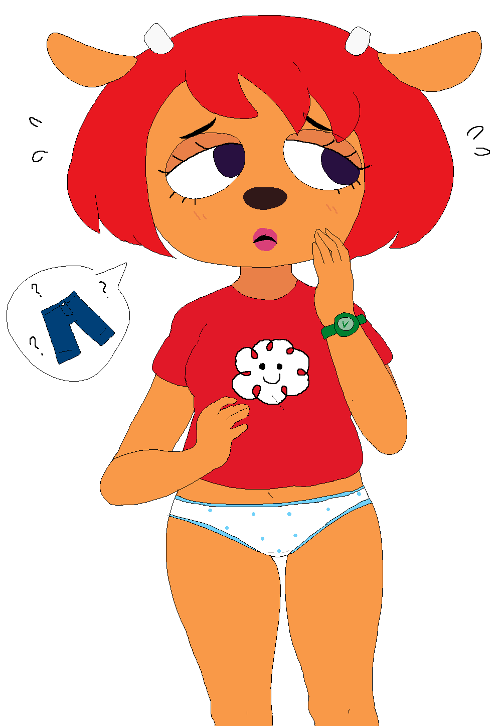 ? breasts caprine clothing eyelashes female hair horn hoshime lammy_lamb lipstick makeup mammal panties pants parappa_the_rapper red_hair sheep short simple_background smut-valerian solo um_jammer_lammy underwear video_games watch white_background