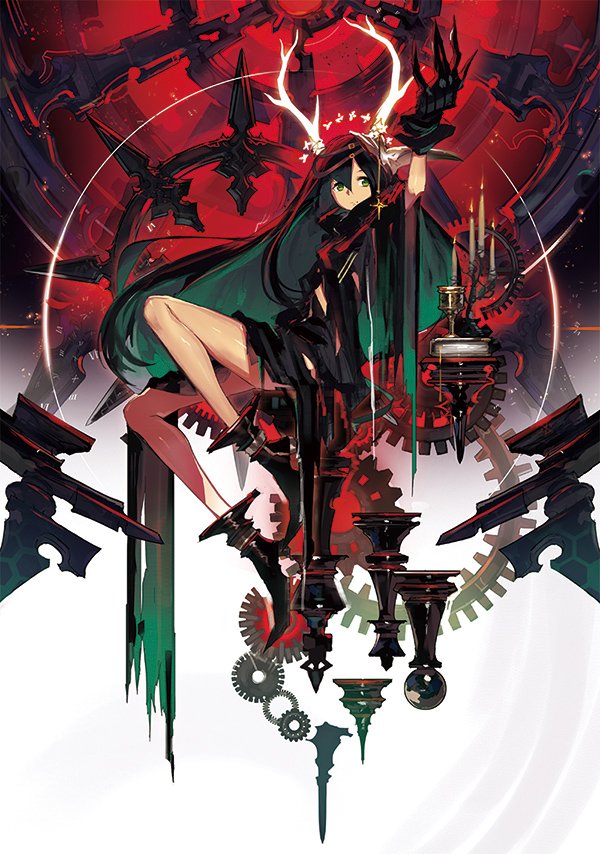 antlers arm_up black_hair board_game boots candle candlestand chess claws commentary_request floating floating_object gears gloves green_eyes long_hair original shiny sitting solo tarot wheel_of_fortune_(tarot_card) yui_(niikyouzou)