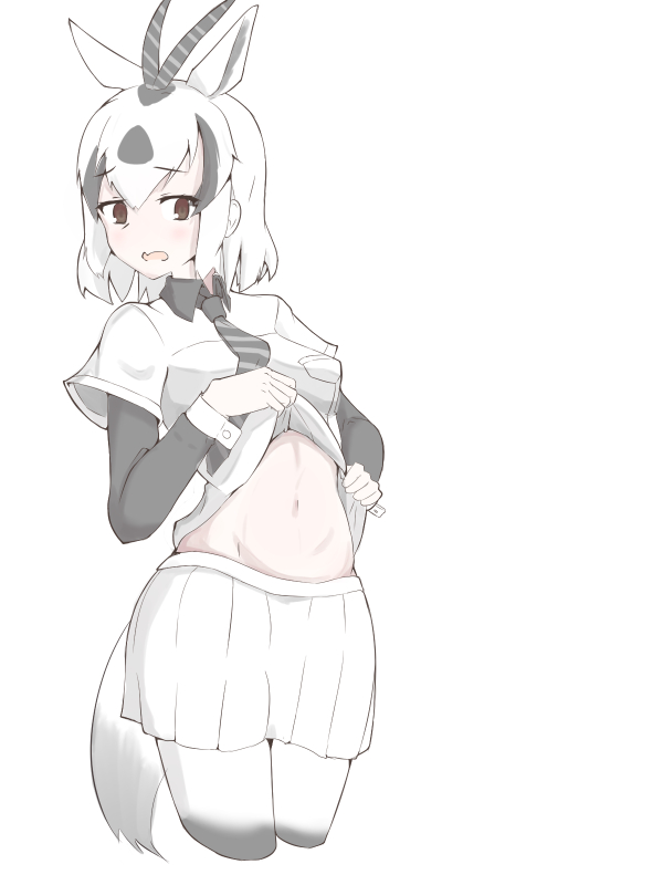 1girl animal_ears arabian_oryx_(kemono_friends) black_hair collared_shirt extra_ears eyebrows_visible_through_hair horns kemono_friends long_sleeves midriff_peek multicolored_hair necktie oryx_ears oryx_tail pantyhose pleated_skirt shirt shirt_lift short_hair short_sleeves skirt sleeve_cuffs solo stomach user_tsgs5285 white_hair