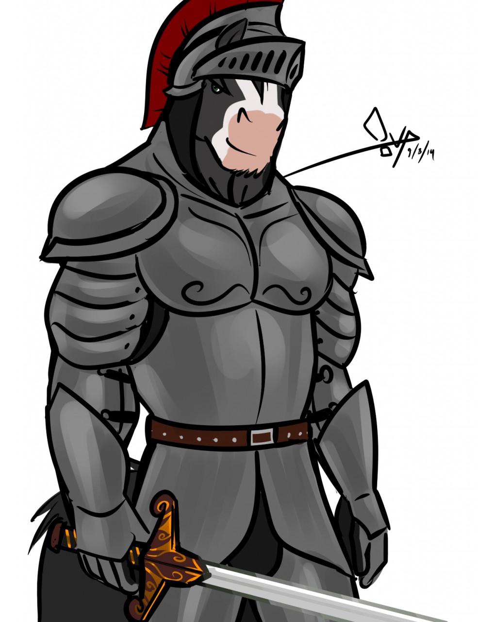 2014 anthro armor aussieclyde belt bgn biped black_fur black_tail breastplate clothed clothing clydesdale digital_media_(artwork) draft_horse equine front_view fur gauntlets gloves green_eyes helmet hi_res holding_object holding_weapon horse looking_at_viewer male mammal melee_weapon multicolored_fur pauldron portrait signature simple_background solo standing sword three-quarter_portrait two_tone_fur warrior weapon white_background white_fur