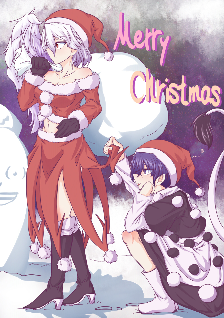 bare_shoulders benizuwai black_footwear black_gloves blue_eyes blue_hair boots commentary_request crop_top doremy_sweet dress full_body fur_trim gloves hat heart high_heel_boots high_heels highres kishin_sagume knee_boots merry_christmas midriff multiple_girls navel pom_pom_(clothes) profile red_eyes sack santa_costume santa_hat silver_hair single_wing skirt skirt_lift skirt_set snow squatting standing tail tapir_tail thighs touhou wings yagokoro