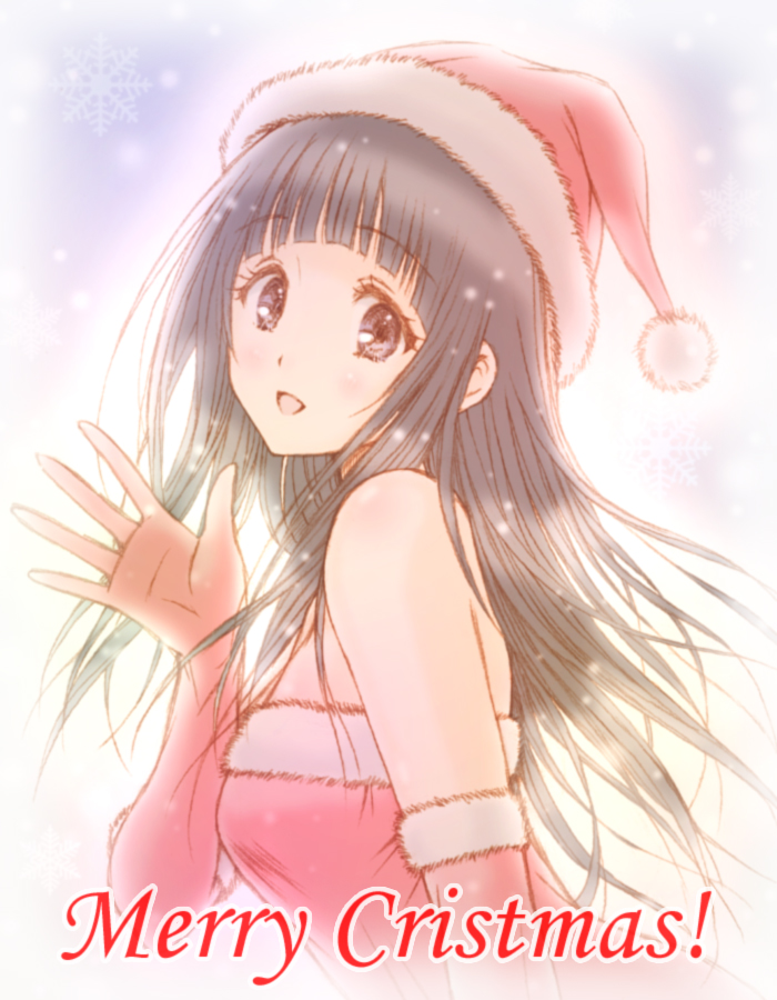 black_hair bluez chitanda_eru christmas dress elbow_gloves gloves hat hyouka long_hair looking_at_viewer open_mouth purple_eyes red_gloves santa_hat smile solo strapless strapless_dress waving
