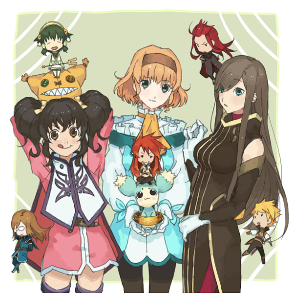 3girls 5boys anise_tatlin asch bare_shoulders belt black_hair blonde_hair blue_eyes boots breasts brown_eyes brown_hair capelet coat creature dress elbow_gloves eyes_closed frills glasses gloves green_eyes green_hair guy_cecil hair_ornament hair_over_one_eye hairband ion jade_curtiss long_hair luke_fon_fabre mieu multiple_boys multiple_girls natalia_luzu_kimlasca_lanvaldear open_mouth orange_hair pants pantyhose red_hair ribbon scarf short_hair smile sword tales_of_(series) tales_of_the_abyss tear_grants thigh_boots tongue tongue_out twintails vest weapon