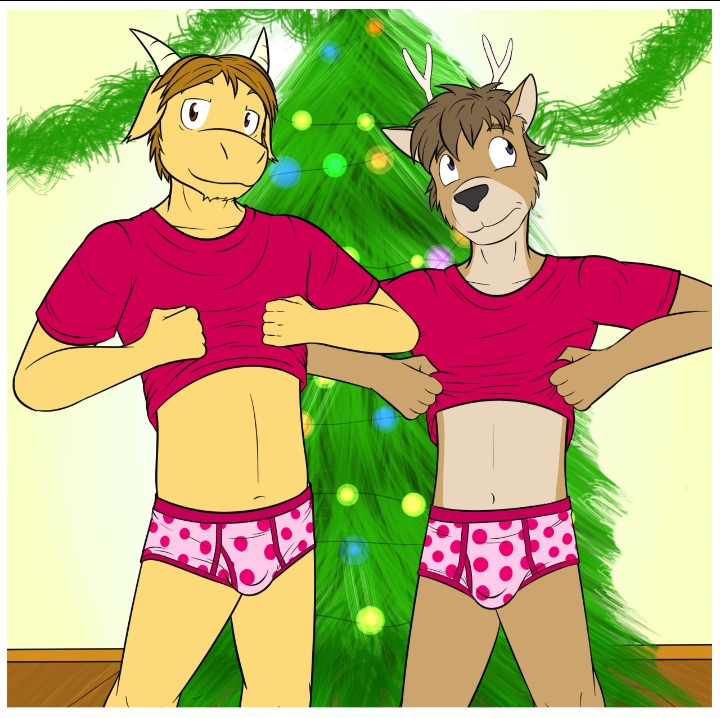 building caprine christmas clothing father fuze goat holidays horn mammal parent polkadots son tree underwear