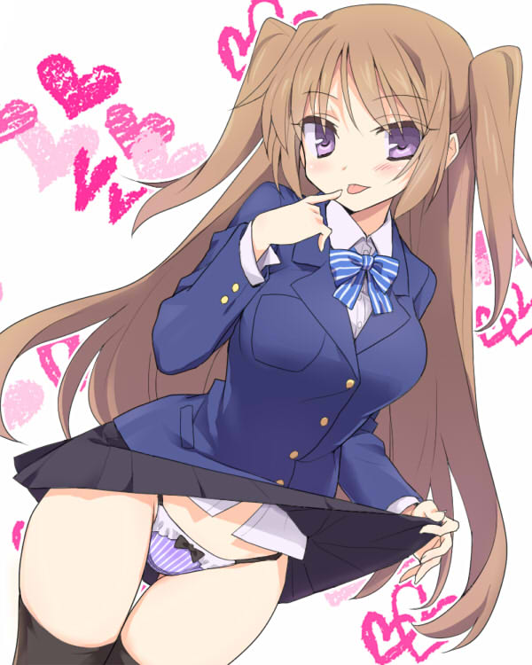 :p black_legwear bow bow_panties bowtie brown_hair cowboy_shot dutch_angle eeeeee heart lifted_by_self long_hair looking_at_viewer original panties purple_eyes skirt skirt_lift solo striped thighhighs tongue tongue_out two_side_up underwear uniform vertical-striped_panties vertical_stripes very_long_hair white_background