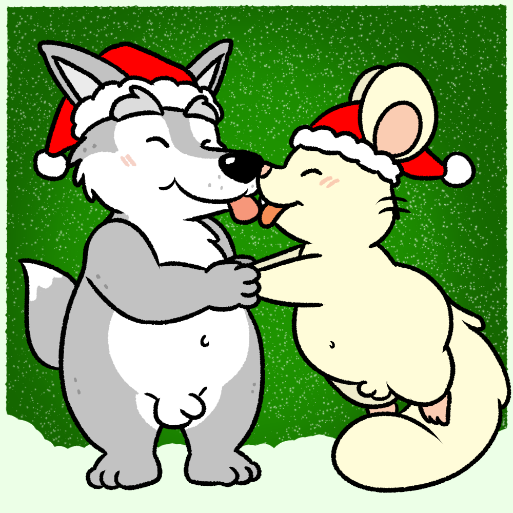 age_difference animal_genitalia anthro balls black_nose blush canine christmas duo elder eyebrows eyes_closed fur hamster happy hat holidays kissing licking male mammal mature_male navel nishi nude oxynard penis rodent santa_hat sheath simple_background small_penis tongue tongue_out whiskers wolf wulf_ellis