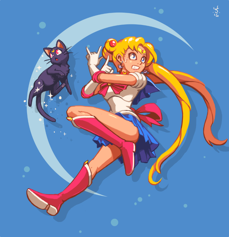 \m/ animal bishoujo_senshi_sailor_moon blonde_hair blue_eyes blue_sailor_collar boots bow cat clenched_teeth commentary crescent double_bun earrings elbow_gloves full_body gloves jewelry joakim_sandberg knee_boots long_hair looking_away looking_to_the_side luna_(sailor_moon) magical_girl red_bow sailor_collar sailor_moon sailor_senshi_uniform skirt sparkle sweatdrop teeth tiara tsukino_usagi twintails