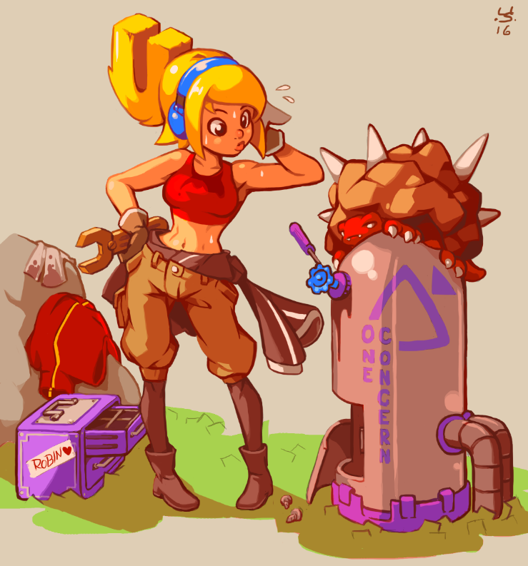 black_legwear blonde_hair boots breasts clothes_around_waist crop_top culottes gloves half_updo headphones jacket_around_waist joakim_sandberg machinery mechanic monster pigeon-toed robin_(the_iconoclasts) small_breasts solo sweat the_iconoclasts wrench