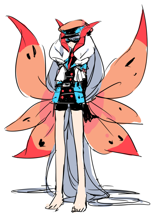 absurdly_long_hair bike_shorts black_gloves blue_eyes domino_mask elbow_gloves full_body gen_5_pokemon gloves hat insect_wings kz_609 long_hair mask moth_wings necktie personification pokemon red_neckwear shorts simple_background sketch solo standing very_long_hair volcarona white_background white_hair wings