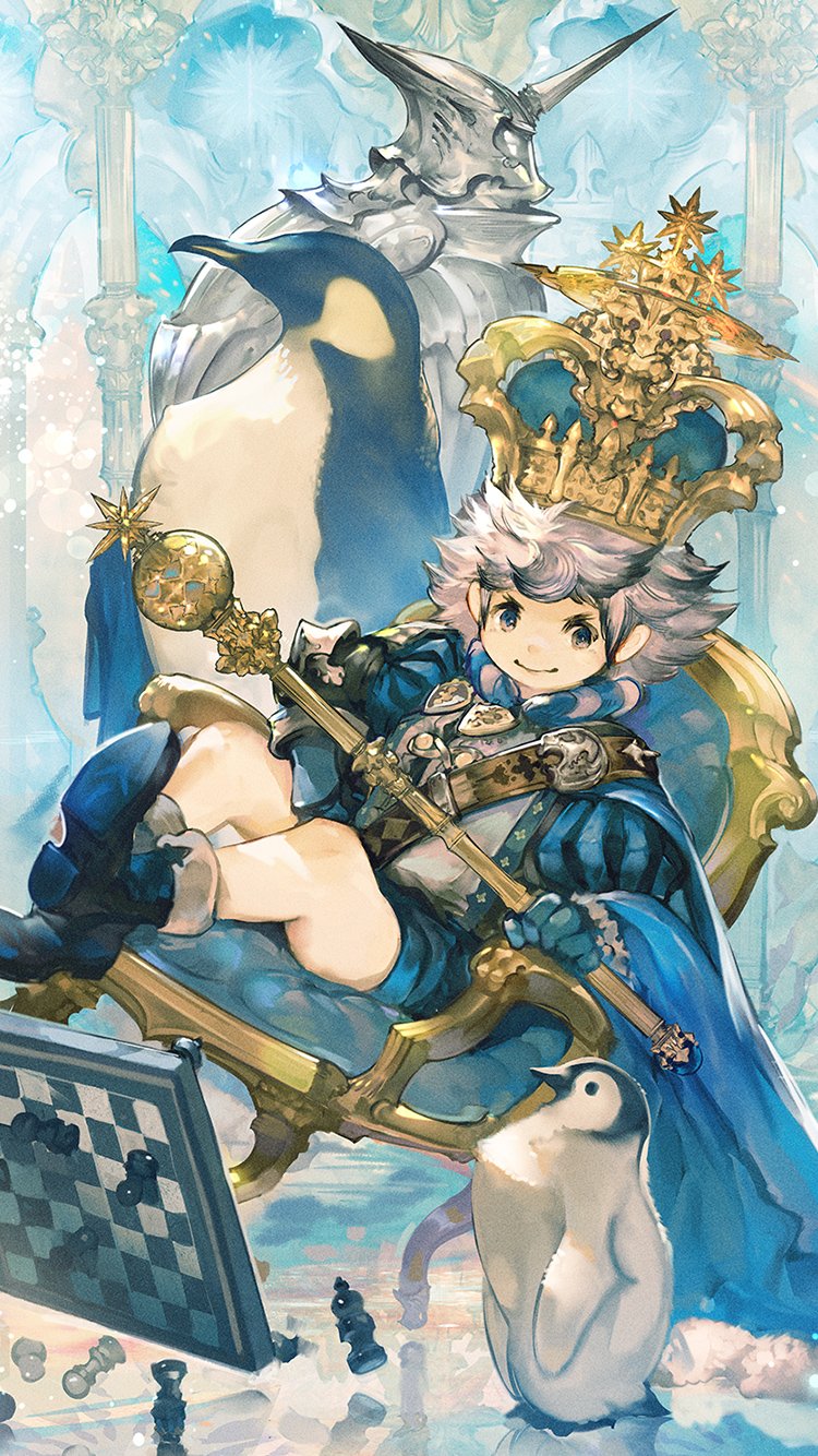 &gt;:) blue_eyes blue_gloves board_game boots cape chess chess_piece chessboard child crown emperor_penguin gloves grey_hair highres looking_at_viewer male_focus medal nejita original pillar puffy_sleeves scepter shorts shoulder_belt sitting smile solo statue tarot the_emperor throne v-shaped_eyebrows vambraces