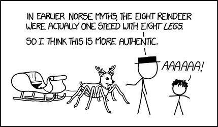 2016 8_legs ambiguous_gender antlers arachnid arthropod black_and_white black_hat_(xkcd) black_nose by-nc cervine christmas comic creative_commons dialogue english_text feral hair hat holidays horn humor hybrid license_info mammal monochrome randall_munroe reindeer simple_background sled spider standing stick_figure text webcomic white_background xkcd