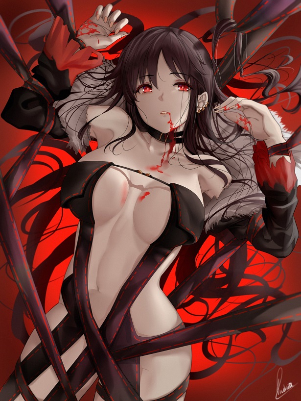 1girl bangs black_dress black_jacket blood blood_from_mouth breasts brown_hair choker collarbone consort_yu_(fate) dress fate/grand_order fate_(series) fur_trim hips jacket large_breasts long_hair looking_at_viewer navel open_clothes open_jacket parted_lips piukute062 red_eyes solo strapless strapless_dress thighs very_long_hair
