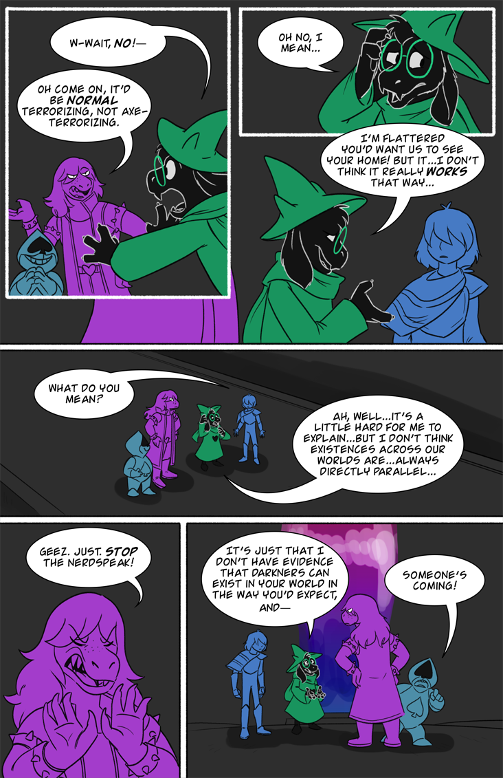 2018 anthro black_fur caprine clothed clothing comic darkner deltarune dialogue digital_media_(artwork) english_text eyewear female freckles fur glasses goat hair hat human humanoid kris_(deltarune) lancer_(deltarune) lynxgriffin male mammal ralsei reptile scalie scarf simple_background smile spades suit_symbol susie_(deltarune) teeth text video_games