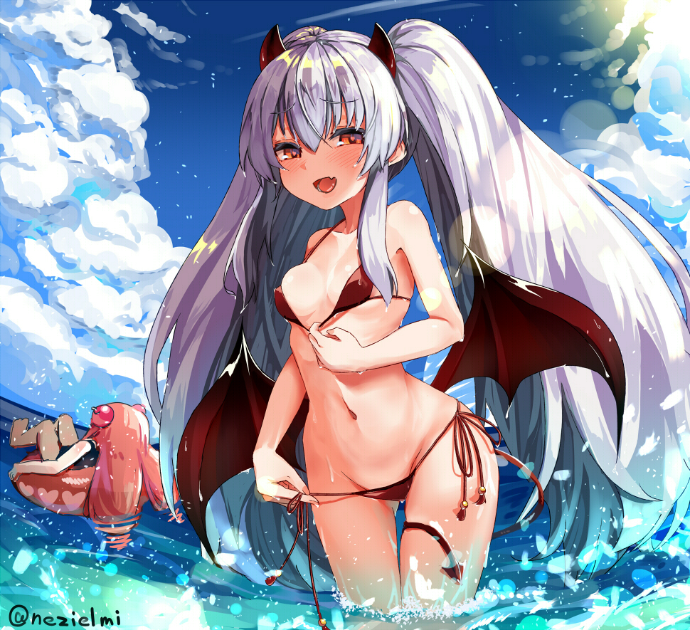 2girls bangs bare_arms bare_shoulders bikini blue_sky blush breasts brown_hair character_request cloud commentary_request dark_persona day demon_girl demon_horns demon_tail demon_wings fang grim_aloe halter_top halterneck horns long_hair looking_at_viewer medium_breasts micro_bikini multiple_girls navel ocean open_mouth quiz_magic_academy quiz_magic_academy_the_world_evolve red_bikini red_eyes red_wings side-tie_bikini silver_hair sky smile splashing stomach string_bikini swimsuit tail thigh_gap twintails wading wet wings