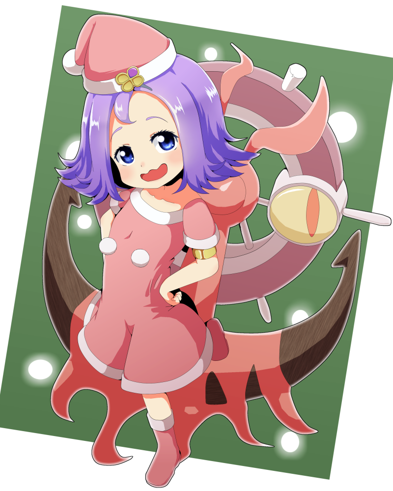 :d acerola_(pokemon) alternate_color alternate_costume anchor armlet bangs blue_eyes blush boots christmas collarbone dhelmise dress elite_four flat_chest full_body fur_trim gen_7_pokemon hair_ornament hands_on_hips hat leg_up looking_away looking_up open_mouth pokemon pokemon_(creature) pokemon_(game) pokemon_sm pom_pom_(clothes) purple_hair red_dress red_footwear red_hat santa_boots santa_costume santa_hat seaweed shiny_pokemon short_dress short_hair short_sleeves silane smile standing standing_on_one_leg steering_wheel trial_captain wavy_mouth