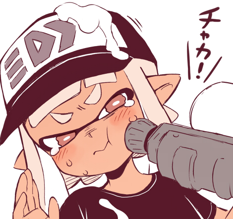 arms_above_head blush clothing hair hat humanoid inkling low_res nintendo paint shirt simple_background splatoon suggestive sweat tears tentacle_hair tentacles ter_(artist) text threat video_games white_background white_hair