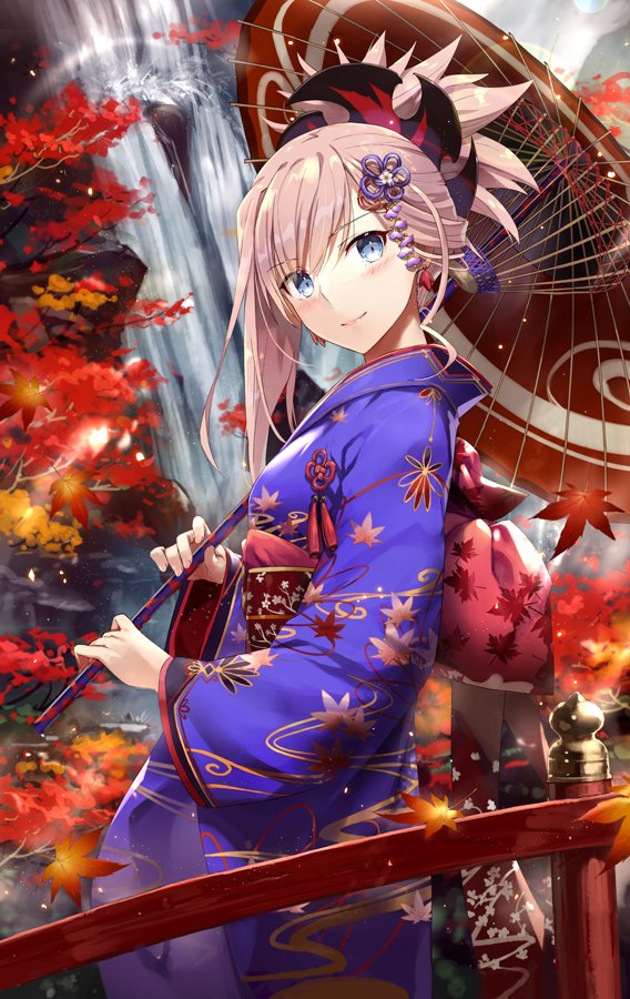 1girl autumn_leaves bangs blue_eyes blue_kimono blush breasts bridge closed_mouth earrings fate/grand_order fate_(series) from_side gabiran hair_ornament holding holding_umbrella japanese_clothes jewelry kimono large_breasts lens_flare long_hair looking_at_viewer miyamoto_musashi_(fate/grand_order) obi oriental_umbrella outdoors pink_hair ponytail sash sidelocks smile solo umbrella water waterfall