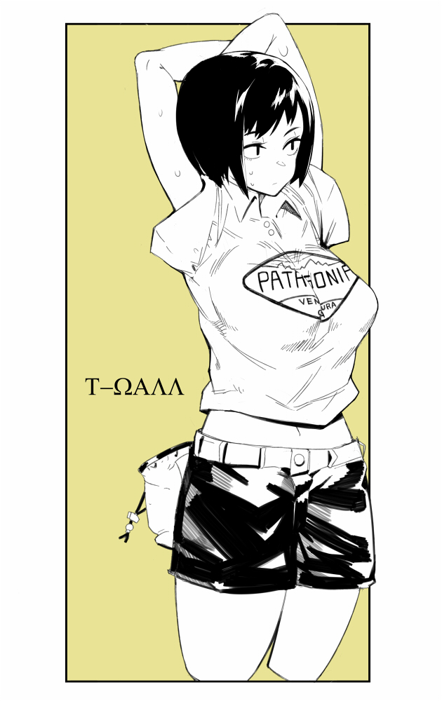 1girl belt breasts closed_mouth clothes_writing commentary_request greyscale hands_up large_breasts monochrome navel original sakurai_energy shirt short_hair shorts solo standing stretch sweat white_shirt yellow_background