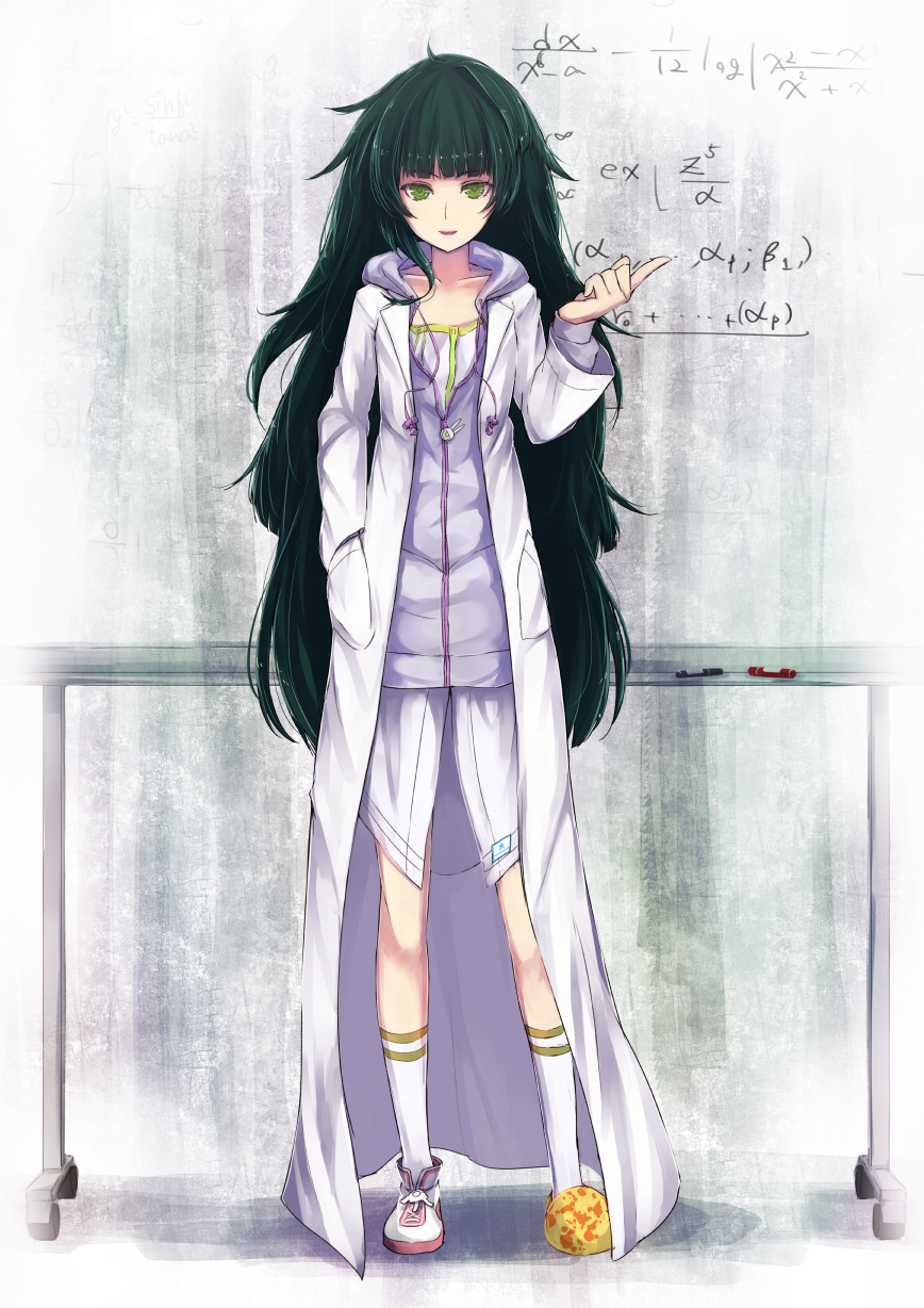 black_hair board collarbone equation flat_chest full_body green_eyes highres hiyajou_maho kneehighs labcoat legs letter long_coat long_hair looking_at_viewer mismatched_footwear nina_(ninageya) number open_mouth pen pointing shoes slippers smile socks solo standing steins;gate steins;gate_0 very_long_hair whiteboard writing zipper