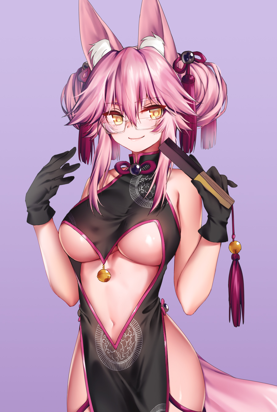 animal_ear_fluff animal_ears bare_shoulders black_gloves breasts center_opening china_dress chinese_clothes choker closed_fan dress earrings eyebrows_visible_through_hair fan fate/grand_order fate_(series) folding_fan fox_ears fox_tail full_body glasses gloves gradient gradient_background hair_between_eyes high_heels highres jewelry koyanskaya large_breasts light_smile long_hair looking_at_viewer navel obiwan pelvic_curtain pink_hair purple_background ribbon_choker shiny shiny_skin side_slit sidelocks smile solo tail tamamo_(fate)_(all) underboob very_long_hair yellow_eyes