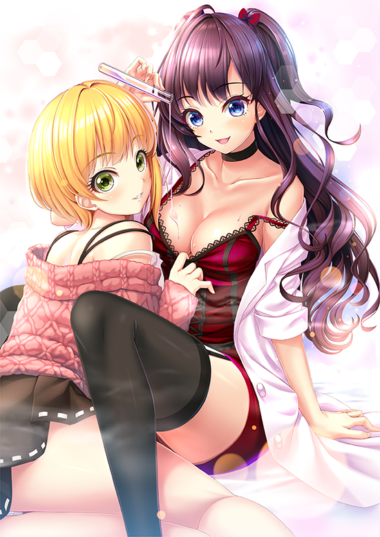 :d ahoge arm_support back bangs bare_shoulders between_legs black_skirt blonde_hair blue_eyes blush bow breasts brown_hair buttons choker cleavage collarbone cross-laced_footwear eyebrows_visible_through_hair eyelashes fingernails garter_straps glass green_eyes hair_bow hexagon holding ichinose_shiki idolmaster idolmaster_cinderella_girls knees_up labcoat lace_trim large_breasts lazy_lazy_(idolmaster) lens_flare light_particles liquid long_hair long_sleeves looking_at_viewer miniskirt miyamoto_frederica multiple_girls nomura_teruya off_shoulder open_clothes open_mouth panties pantyshot pink_sweater pleated_skirt pouring pulled_by_another red_bow red_shorts ribbon-trimmed_skirt ribbon_trim shiny shiny_hair shirt_pull short_hair shorts sitting skirt sleeves_folded_up sleeves_past_wrists smile spaghetti_strap strap_slip sweater test_tube thighhighs transparent two_side_up unbuttoned underwear wavy_hair white_legwear yokozuwari