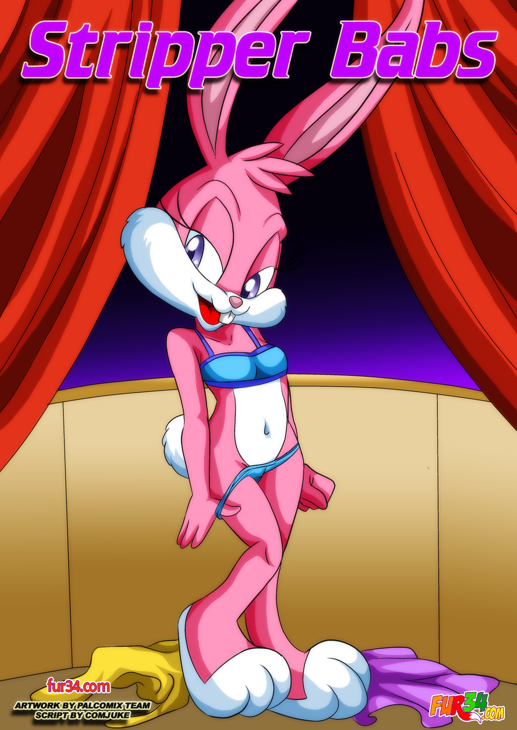 2016 aged_up babs_bunny bbmbbf bra breasts buckteeth clothing comic cover cover_page curtains female fur34 gradient_background half-closed_eyes inviting lagomorph mammal naughty_face navel palcomix panties rabbit shirt simple_background skirt small_breasts solo sports_bra stage tank_top teasing teeth text thong tiny_toon_adventures underwear undressing warner_brothers