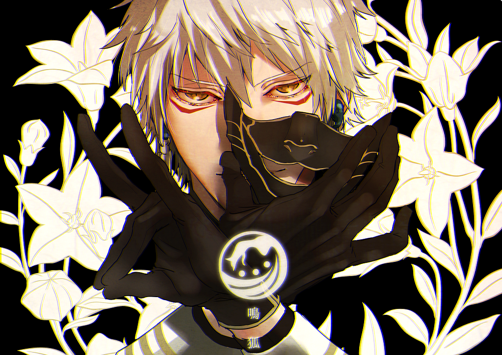black_background black_gloves bud earrings eyebrows_visible_through_hair face facepaint floral_background fox_shadow_puppet gloves hair_between_eyes holding holding_mask jewelry light_smile logo long_sleeves looking_at_viewer mad369 male_focus mask mask_removed nakigitsune silver_hair solo touken_ranbu yellow_eyes