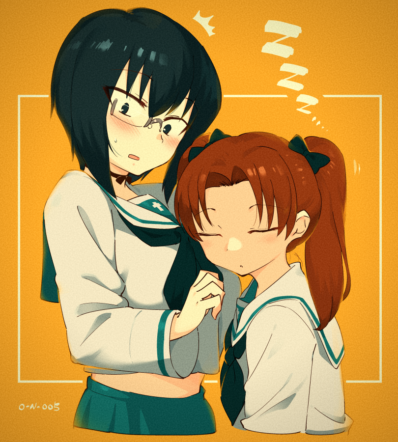 /\/\/\ bangs black_bow black_choker black_eyes black_hair black_neckwear blouse blush border bow bow_choker brown_eyes brown_hair choker eyebrows_visible_through_hair eyes_closed frown girls_und_panzer green_skirt hair_bow head_on_chest kadotani_anzu kawashima_momo long_hair long_sleeves looking_away midriff monocle neckerchief nise_(222) ooarai_school_uniform open_mouth orange_background parted_bangs parted_lips pleated_skirt rectangular_eyewear school_uniform semi-rimless_eyewear serafuku short_hair silver-framed_eyewear skirt standing twintails under-rim_eyewear upper_body white_blouse white_border zzz