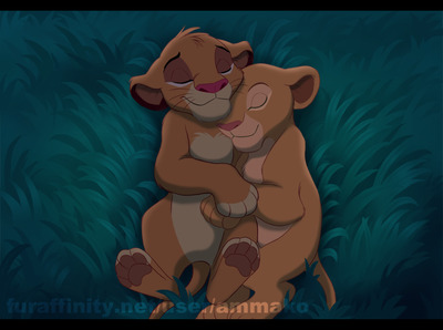 better_version_at_source cuddling disney eyes_closed lying nala on_back outside simba the_lion_king