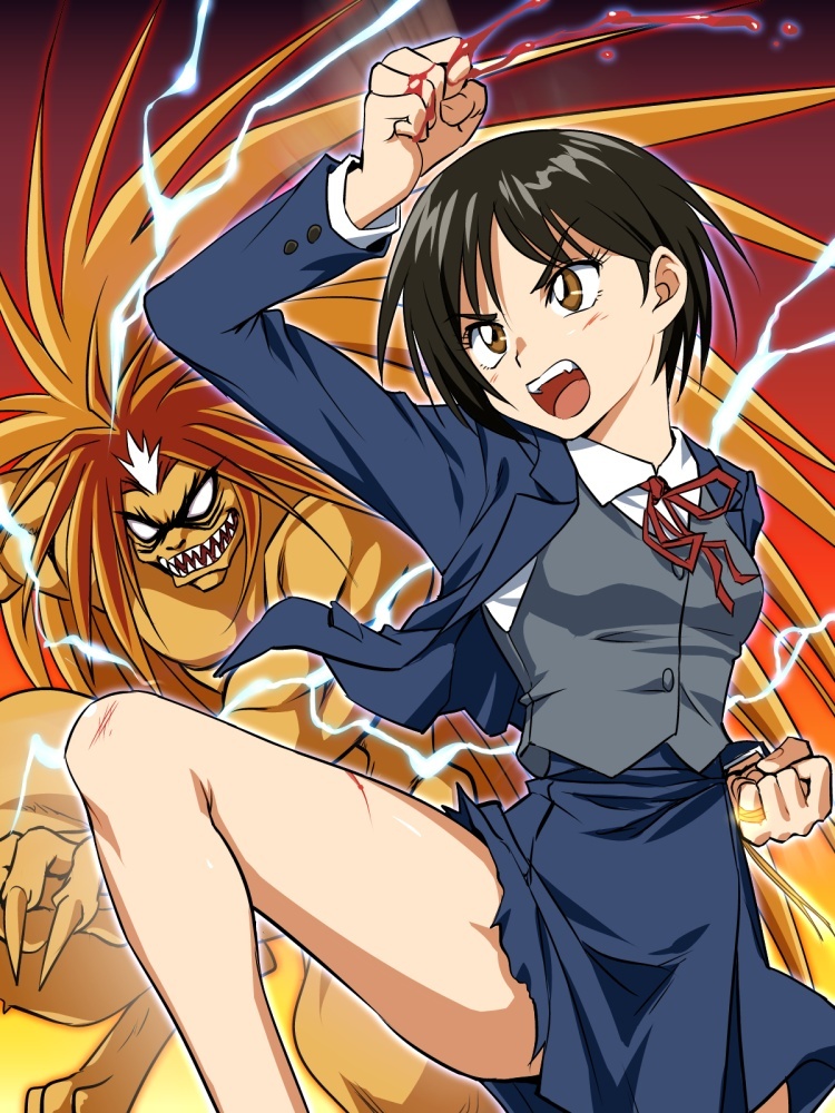 black_hair blood bloody_hands blue_jacket blue_skirt brown_eyes clenched_hand commentary_request demon dress_shirt fighting_stance funnyari jacket kicking looking_to_the_side nakamura_asako open_clothes open_jacket open_mouth ribbon school_uniform shirt short_hair skirt standing tora_(ushio_to_tora) torn_clothes torn_skirt ushio_to_tora vest white_shirt