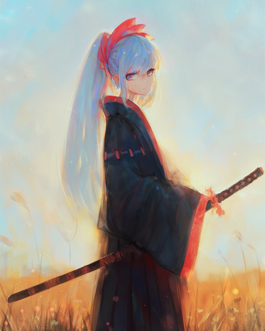 bangs black_kimono blue_hair blue_sky closed_mouth commentary_request day expressionless field from_side hair_ornament hakama highres holding holding_sword holding_weapon japanese_clothes katana kimono kisei2 long_sleeves looking_at_viewer looking_to_the_side original outdoors ponytail red_eyes sky sleeves_past_fingers sleeves_past_wrists solo standing sword weapon what wheat_field wide_sleeves
