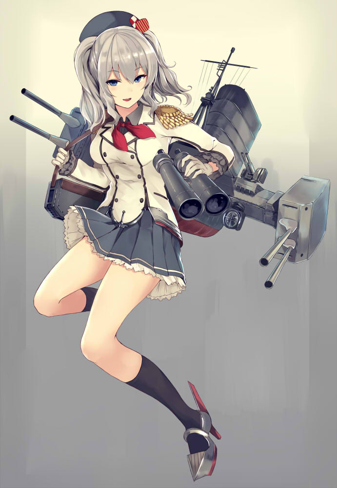 anchor beret binoculars black_legwear blue_eyes blue_skirt breasts collared_shirt epaulettes eyebrows_visible_through_hair frilled_skirt frilled_sleeves frills full_body gloves grey_background grey_shirt hat jacket kantai_collection kashima_(kantai_collection) long_hair long_sleeves looking_at_viewer machinery medium_breasts nakaichi_(ridil) neckerchief open_mouth pleated_skirt red_neckwear rudder_shoes searchlight shirt silver_hair skirt smokestack socks solo strap turret twintails white_gloves white_jacket