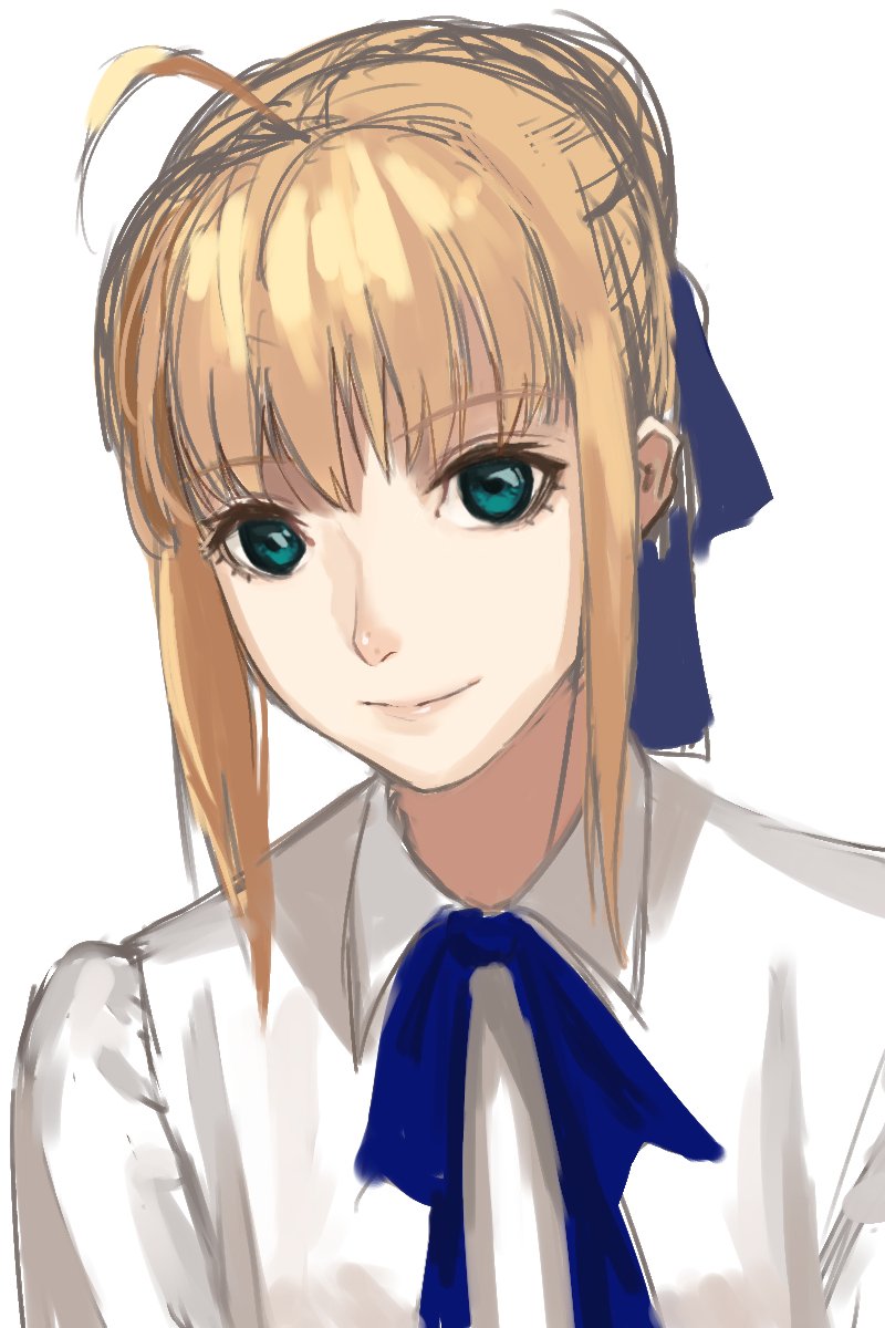 1girl ahoge artoria_pendragon_(all) bangs blue_eyes blue_neckwear blue_ribbon closed_mouth collared_shirt commentary_request eyebrows_visible_through_hair fate/stay_night fate_(series) hair_ribbon highres looking_at_viewer neck_ribbon ribbon saber shirt simple_background sketch smile solo white_background white_shirt wing_collar zonotaida