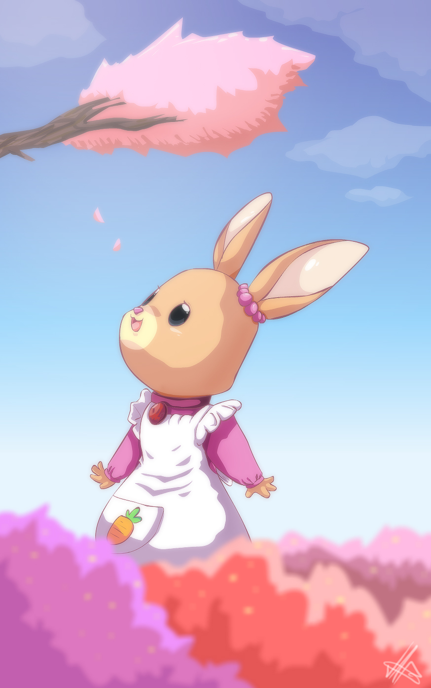 anthro beady_eyes brown_fur carrot cherry_blossom child clothing cute dress female food fur happy lagomorph looking_up mammal maple_town meadow patty plant rabbit sky smile solo tree vaporotem vegetable walking young