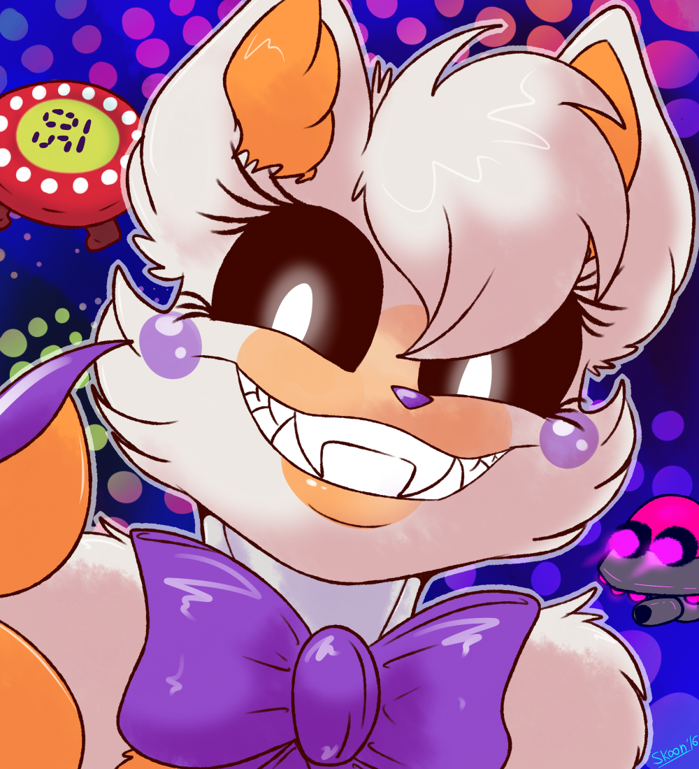 animatronic anthro blush bow_tie canine fangs female first_person_view five_nights_at_freddy's five_nights_at_freddy's_world fox glowing glowing_eyes lolbit_(fnaf) looking_at_viewer machine mammal robot skoon smile solo video_games