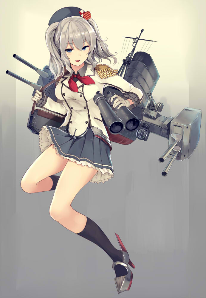 anchor beret binoculars black_legwear blue_eyes blue_skirt breasts collared_shirt commentary_request epaulettes eyebrows_visible_through_hair frilled_skirt frilled_sleeves frills full_body gloves grey_background grey_shirt hat jacket kantai_collection kashima_(kantai_collection) long_hair long_sleeves looking_at_viewer machinery medium_breasts nakaichi_(ridil) neckerchief open_mouth pleated_skirt red_neckwear rudder_shoes searchlight shirt silver_hair skirt smokestack socks solo strap turret twintails white_gloves white_jacket
