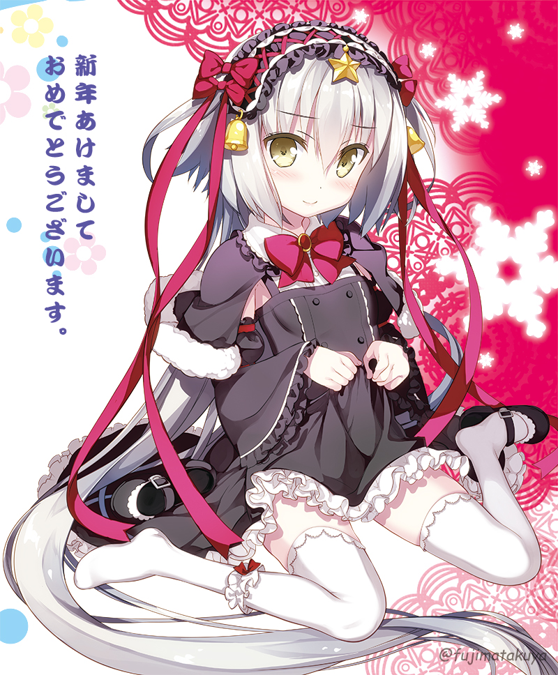 akeome bell bow bowtie capelet commentary_request detached_sleeves dress dress_lift fate/grand_order fate_(series) frills fujima_takuya gothic_lolita hairband happy_new_year jeanne_d'arc_(fate)_(all) jeanne_d'arc_alter_santa_lily lolita_fashion lolita_hairband long_hair looking_at_viewer new_year shoes silver_hair single_shoe sitting solo thighhighs translated twitter_username very_long_hair wariza white_legwear wide_sleeves yellow_eyes