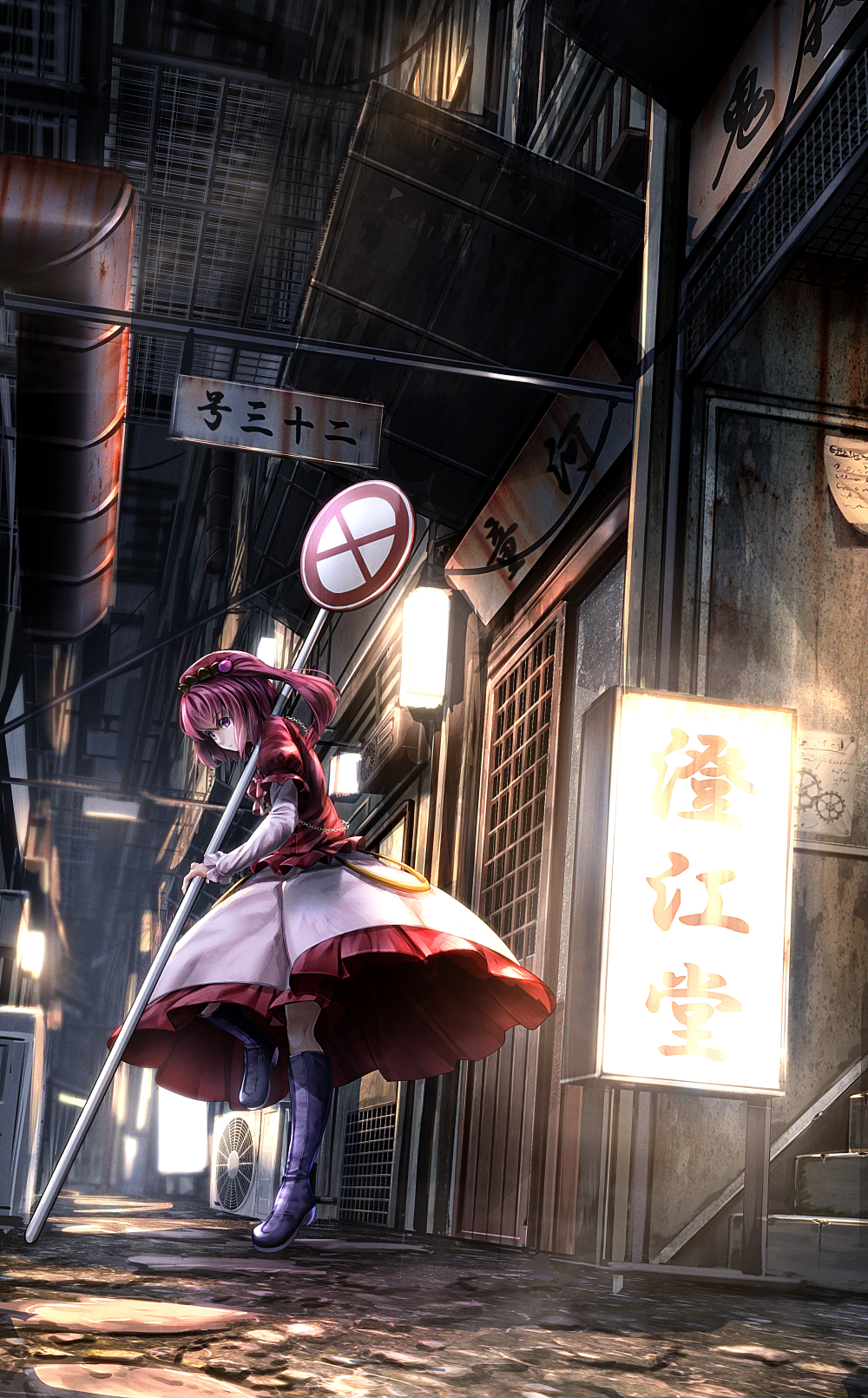 alley boots building commentary_request dress hair_bobbles hair_ornament hat highres holding kawashiro_mitori knee_boots long_hair long_sleeves one_side_up original outdoors puffy_short_sleeves puffy_sleeves red_eyes red_hair revision road_sign ryosios short_over_long_sleeves short_sleeves sign solo standing touhou