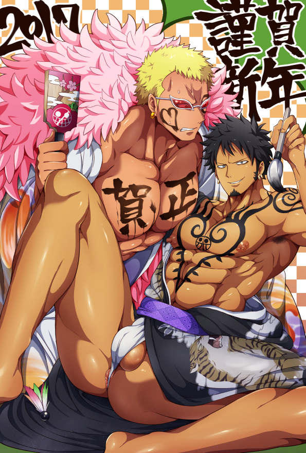 2boys anus as bara black_hair crotch glasses male_focus multiple_boys muscle one_piece paint pecs sitting tagme tattoo testicles