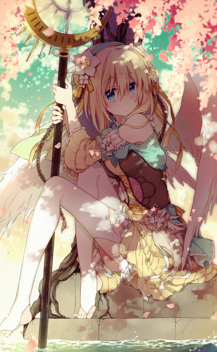 angel angel_wings bangs barefoot blonde_hair blue_eyes breasts commentary_request corset eyebrows_visible_through_hair feathered_wings flower frilled_sleeves frills hair_between_eyes hair_flower hair_ornament hairband holding holding_staff knee_up legs looking_up medium_breasts nana_kusun original petals skirt solo staff stairs thighhighs toeless_legwear toes tree_shade water water_surface white_flower wings yellow_skirt