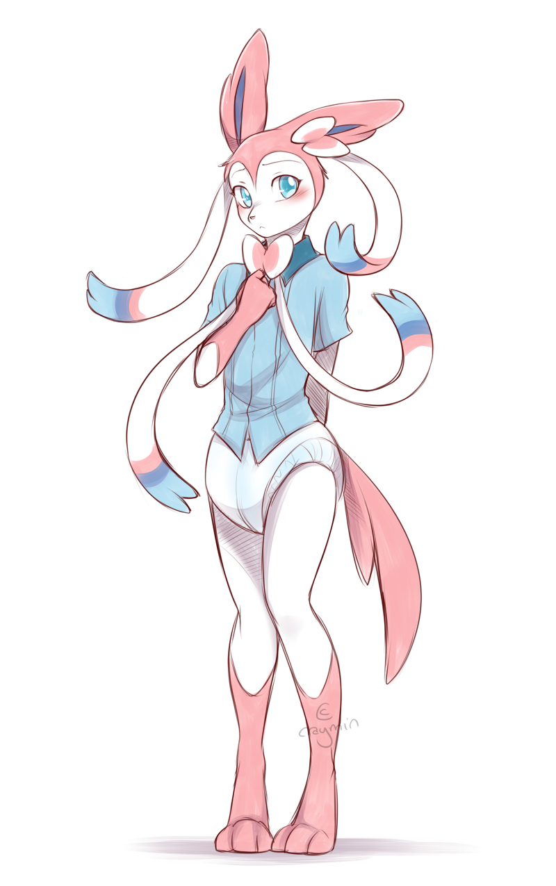 anthro big_ears blue_eyes blush bow clothing craymin diaper eeveelution fur looking_at_viewer male nintendo paws pink_fur pok&eacute;mon ribbons shy solo standing sylveon video_games watermark white_fur