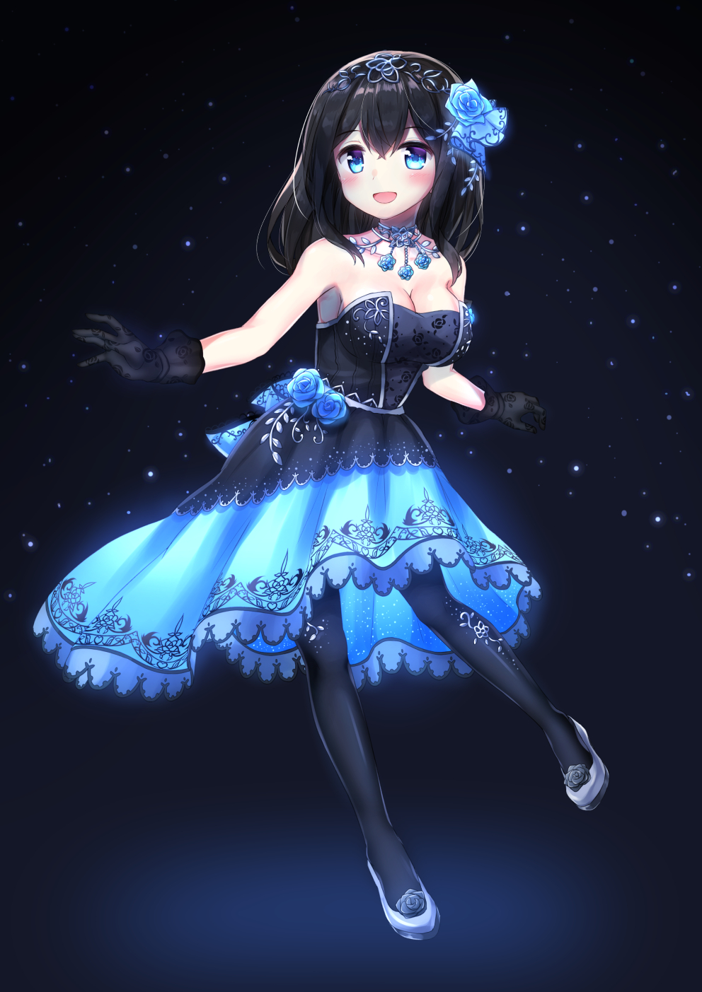 :d bare_shoulders black_dress black_gloves black_hair black_legwear blue_eyes blush breasts cleavage dress floral_print flower full_body gloves hair_flower hair_ornament highres idolmaster idolmaster_cinderella_girls idolmaster_cinderella_girls_starlight_stage jewelry large_breasts long_hair mk82_(hoonsyh) necklace open_mouth pantyhose print_gloves sagisawa_fumika smile solo tiara