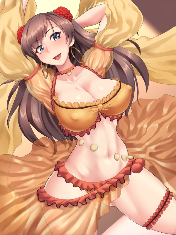:d arabian_clothes armpits arms_up ass_visible_through_thighs belly_chain blue_eyes breasts brown_hair bustier cleavage covered_nipples dashigarayama dutch_angle earrings fang fate/grand_order fate_(series) flower hair_flower hair_ornament hoop_earrings jewelry large_breasts leg_garter long_hair looking_at_viewer mata_hari_(fate/grand_order) navel open_mouth see-through smile solo
