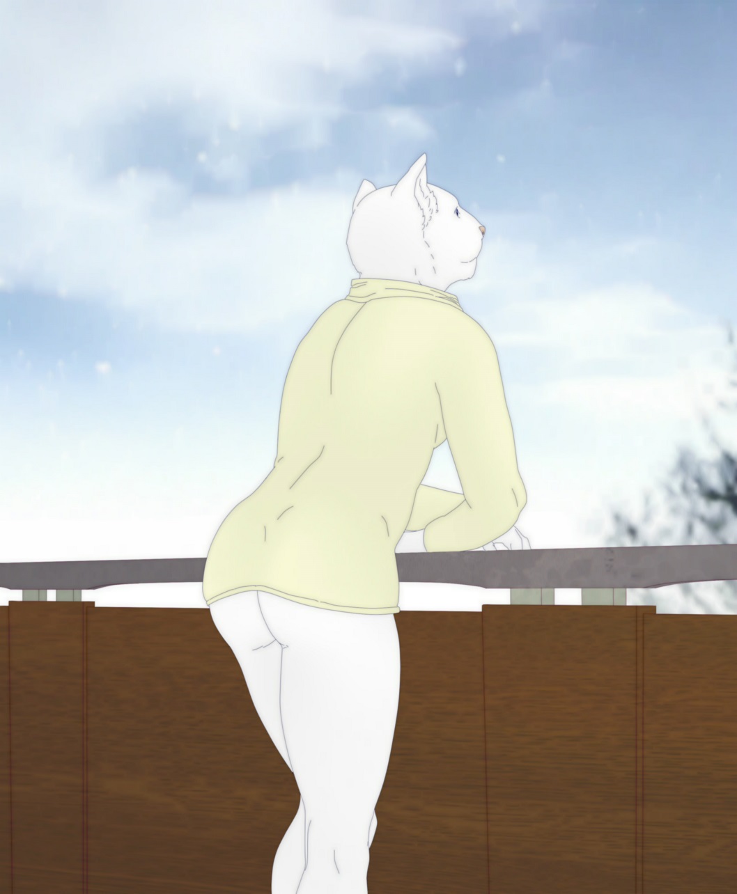 9x9 ambiguous_gender butt cat coat feline fur mammal manx_cat railing sky snow standing tree white_fur