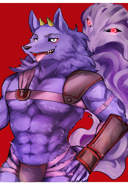 298_suzu abs anthro armor bathym canid canine canis clothed clothing demon horn looking_at_viewer male mammal muscular muscular_male solo tokyo_afterschool_summoners tongue tongue_out video_games wolf