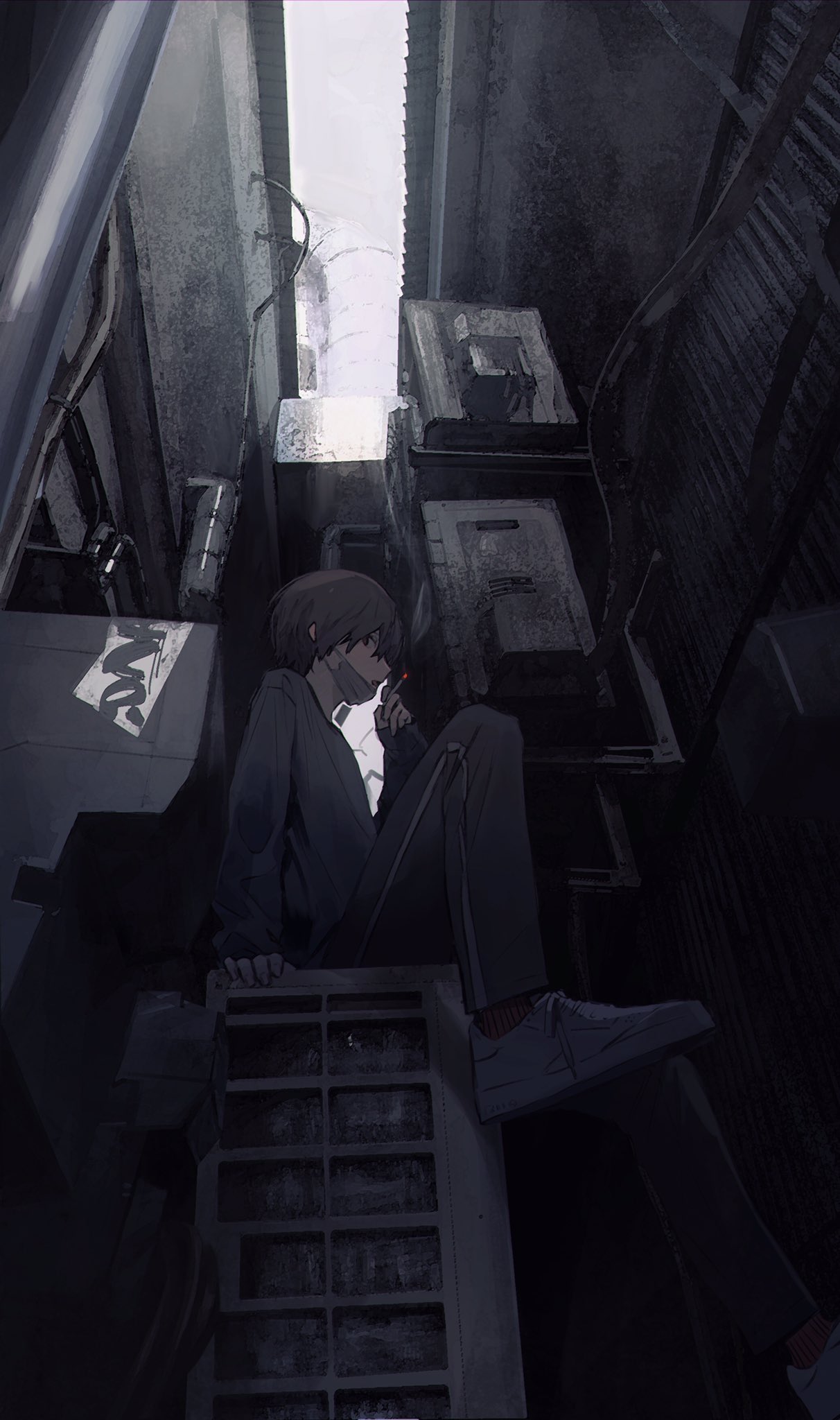 1boy brown_hair cigarette commentary_request dark face_mask from_below from_side grey_sky hair_between_eyes highres long_sleeves looking_at_viewer mask muted_color open_mouth original outdoors panties pantyshot profile shirt shoes short_hair sitting solo teru2307 underwear