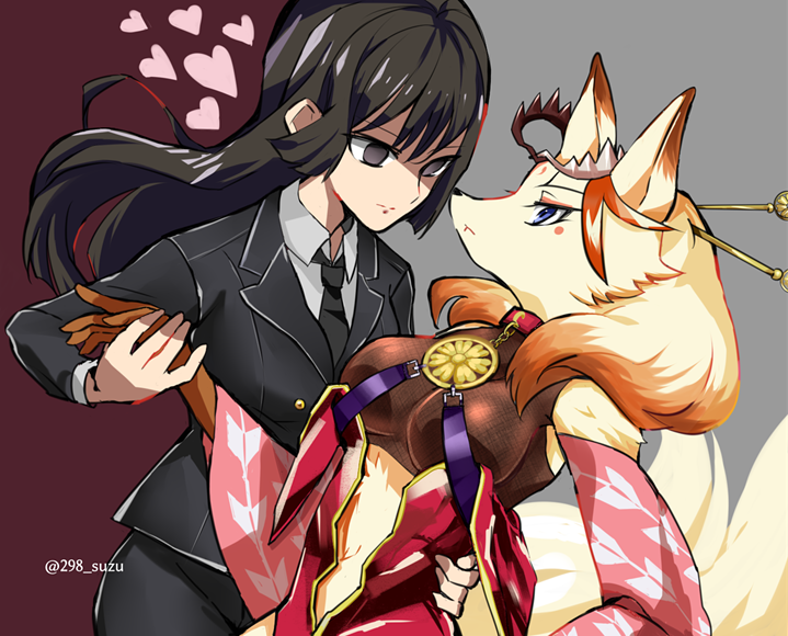 298_suzu anthro bear_trap blue_eyes breasts canid canine eye_contact female female/female female_protagonist_(tas) fox hair_ornament hakumen hand_holding human kemono mammal tokyo_afterschool_summoners trap_(contrivance) video_games