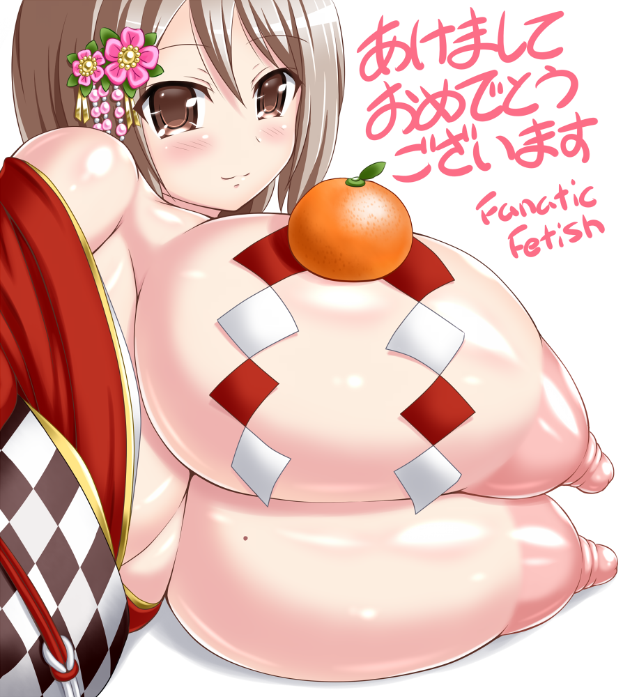 2017 akeome bad_id bad_pixiv_id bangs bare_shoulders beads breast_rest breasts breasts_outside brown_eyes checkered circle_name closed_mouth eyebrows_visible_through_hair flower food food_on_body fruit hair_beads hair_between_eyes hair_flower hair_ornament happy_new_year huge_breasts huge_nipples japanese_clothes kimono light_smile looking_at_viewer lying mandarin_orange mole mole_on_breast nengajou new_year nipples no_bra obi off_shoulder on_side open_clothes open_kimono oppai_mochi original parted_bangs pink_flower puffy_nipples red_kimono sash shadow shide shiny shiny_skin short_hair silver_hair simple_background solo translated tsukioka_kirio upper_body white_background