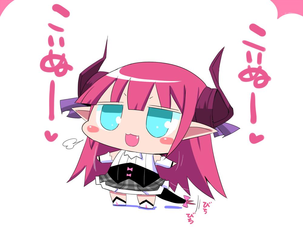 1girl blue_eyes blush_stickers bow chibi comic commentary_request detached_sleeves elizabeth_bathory_(fate)_(all) fang fate/extra fate_(series) hair_between_eyes hair_bow heart horns long_hair open_mouth outstretched_arms pink_hair plaid plaid_skirt sako_(bosscoffee) shirt shoes skirt sleeveless sleeveless_shirt smile solo spoken_heart spread_arms tail tail_bow translation_request white_background white_shirt