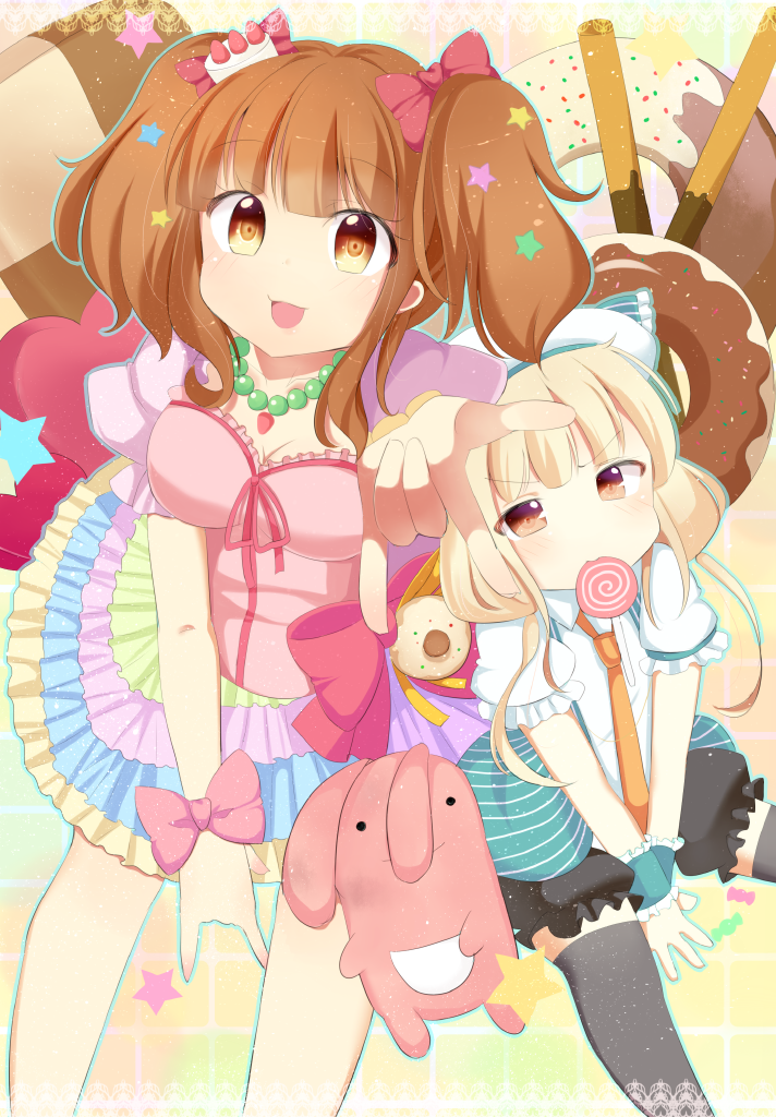 2girls :3 \m/ ashino bangs blush bow breasts candy cleavage commentary_request dot_nose food frilled_sleeves frills futaba_anzu hair_bow idolmaster idolmaster_cinderella_girls lace_border light_brown_eyes lollipop long_hair looking_at_viewer loose_necktie low_twintails moroboshi_kirari mouth_hold multiple_girls necktie open_mouth orange_eyes orange_hair orange_neckwear outstretched_arm outstretched_legs pink_bow platinum_blonde_hair reaching_out short_sleeves sitting stuffed_animal stuffed_bunny stuffed_toy swirl_lollipop twintails v-shaped_eyebrows v_arms wrist_bow